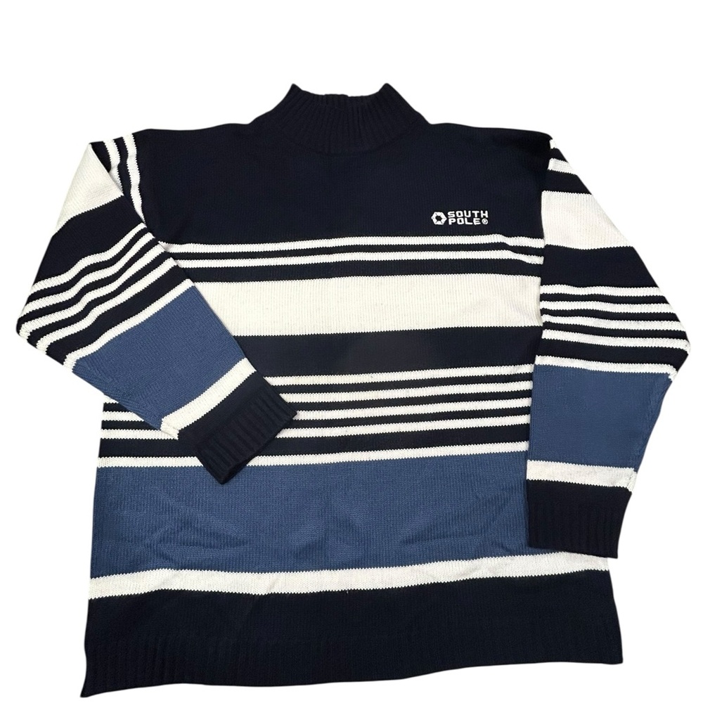 South Pole Men's Vintage Y2K Turtleneck Sweater - Black, White,‎ and Blue 2XL